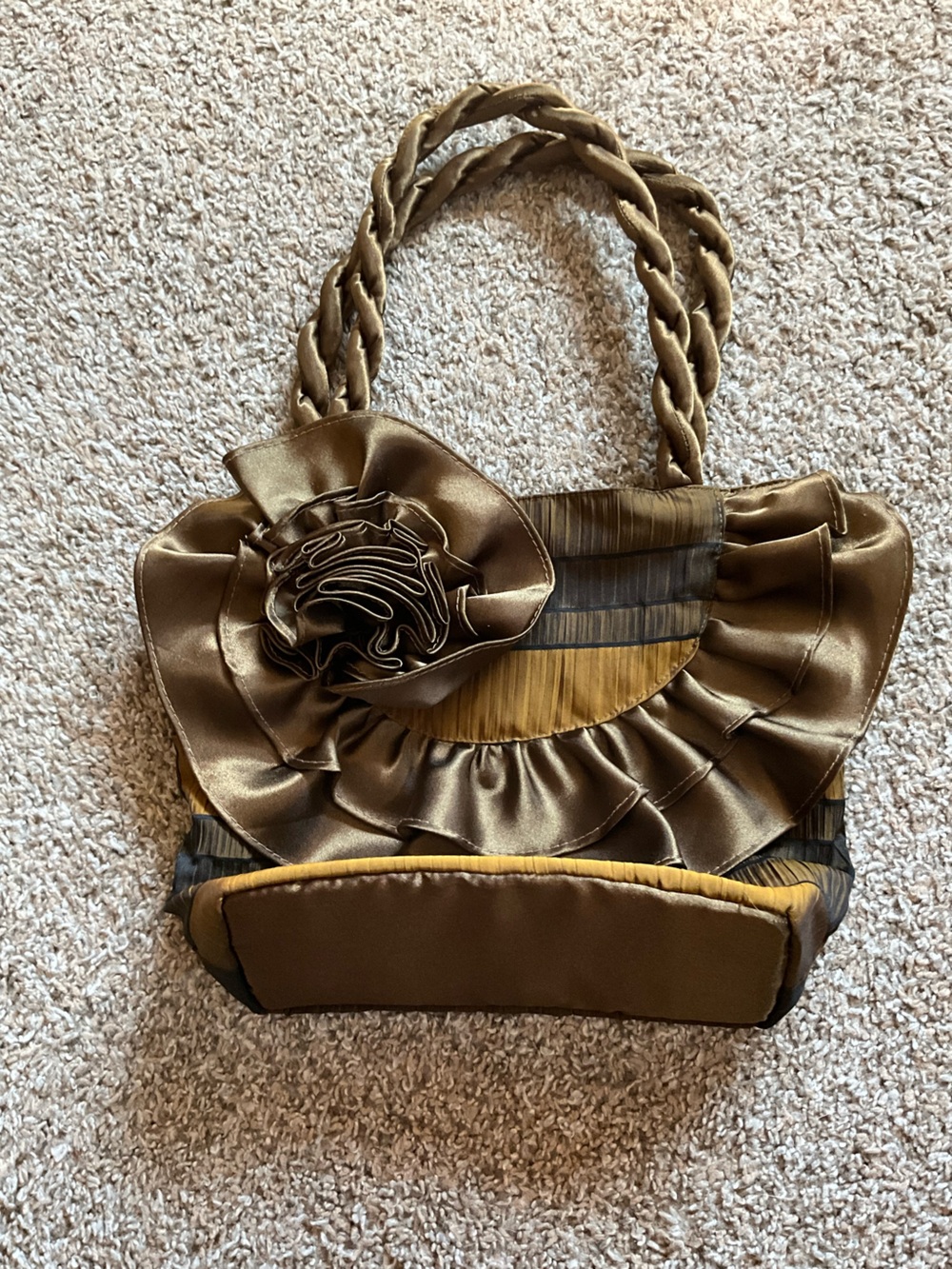 Brown Satin Ruffle Handbag Purse with Rosette